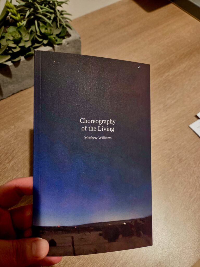 A hand holds a slim paperback titled Choreography of the Living by Matthew Williams, its cover a night-sky photograph fading from dark stars to deep blue above a dim horizon.