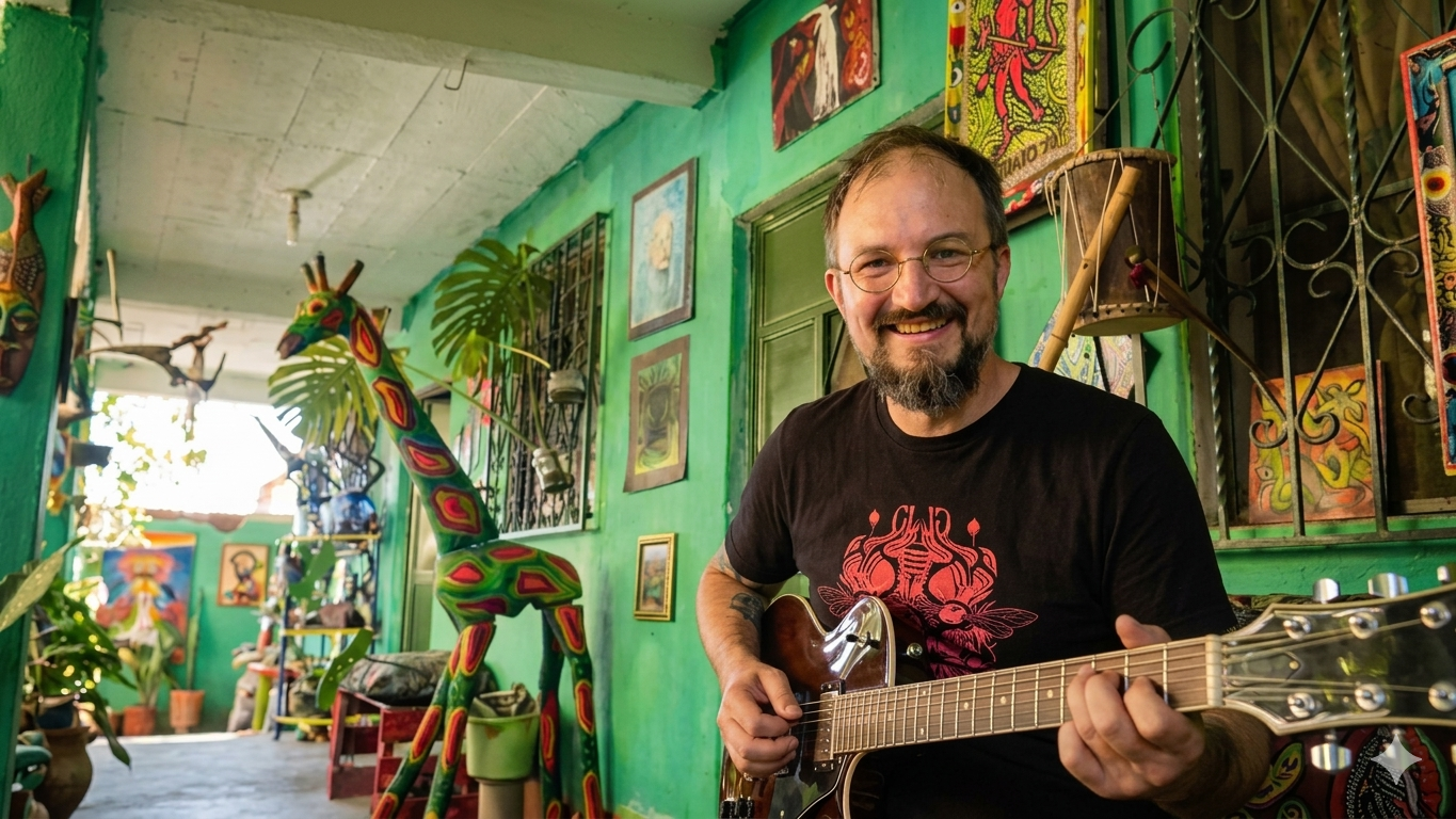Khoma Brut playing guitar in a San Pedro La Laguna doorway